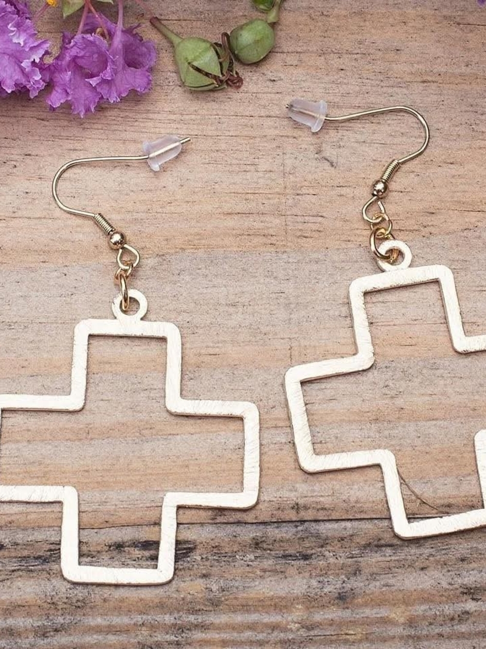 Brushed Gold Block-style Cross Earrings for Women